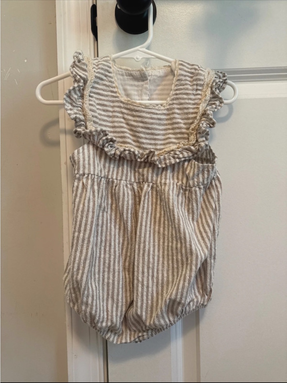SHEIN Beige and White Striped Ruffle Baby One-Piece